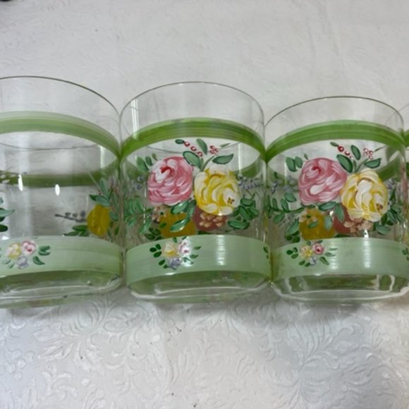 VTG Hand Painted Wide Rim Floral Drink Glasses Double Old Fashion 16oz SET OF 4 - Picture 13 of 15